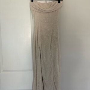 Oh Polly LA ROCHETTE Embellished Bandeau Cowl Neck Midi Dress in Ivory